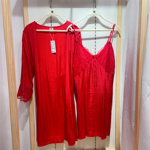 浪漫春天女士夏季丝质性感吊带睡裙两件套结婚喜庆红色睡衣丝绸薄