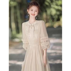 新中式轻国风连衣裙2024新款夏季长袖仙女装白色气质高级感长裙子