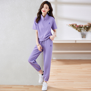 紫色短袖Polo领卫衣女两件套装2024夏季新款高级感时尚休闲运动装
