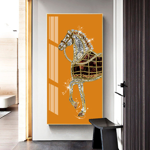 入户玄关装饰画简约现代橙色骏马挂画走廊尽头过道晶瓷客厅轻奢画