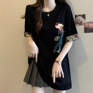 黑色中长款短袖T恤女夏季宽松重工刺绣大版体恤新中式国风上衣
