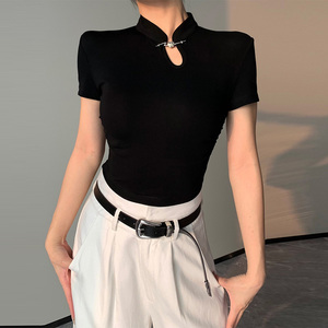 黑色中国风盘扣短袖T恤女夏季修身气质百搭体恤显瘦新中式上衣