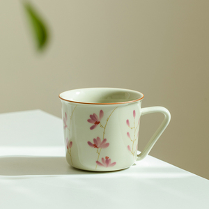拓土草木灰纯手绘桃花耳把杯陶瓷小茶杯单个家用待客主人杯喝水杯