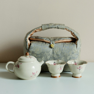 拓土草木灰纯手绘粉兰花茶壶茶杯旅行茶具套装户外一壶二杯泡茶器