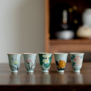 冰片釉纯手绘枇杷闻香杯家用品茗杯单个聚香杯功夫茶杯陶瓷主人杯