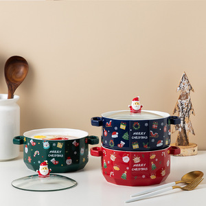圣诞节泡面碗双耳带盖陶瓷家用学生宿舍创意北欧餐具沙拉保鲜碗