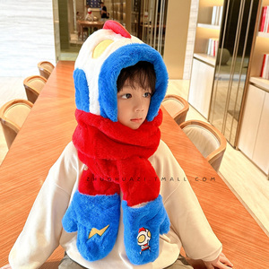 儿童帽子男孩秋冬季保暖护耳可爱男童宝宝手套连帽围巾一体三件套