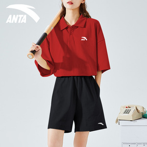 安踏运动套装女红色简单POLO短裤羽毛球服冰丝速干棒球服两件套女