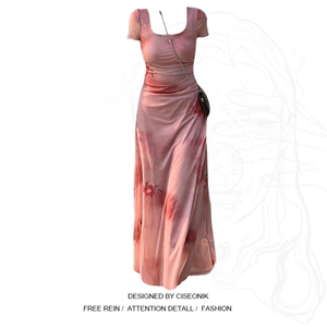 大码胖mm法式复古玫瑰印花连衣裙女夏季新款超好看风情万种的裙子