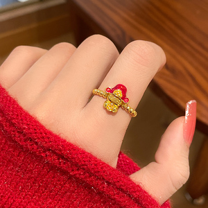 财神爷新年红色可调节素圈戒指女小众设计情侣男指环高级感食指戒