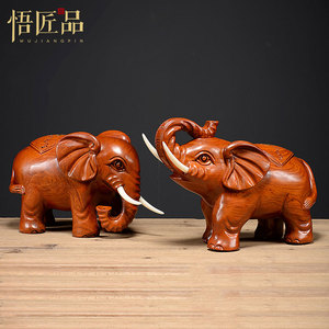 花梨木雕大象摆件一对纳福吸水小象实木质客厅玄关吉祥装饰工艺品