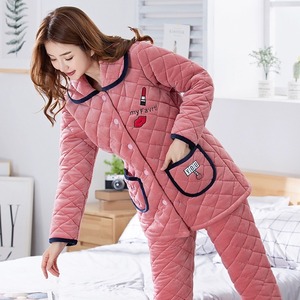 睡衣女冬季三层加厚珊瑚绒夹棉袄韩版可爱保暖加绒女士家居服套装