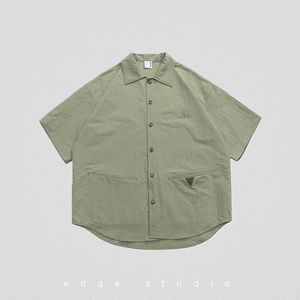 橄榄绿短袖宽松短袖衬衫男2023夏季新款原创设计小众日系复古衬衣