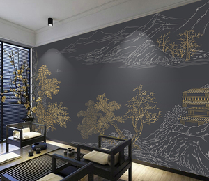 复古唯美新中式无缝墙布山水树木金色浮雕线条电视背景墙墙纸壁画