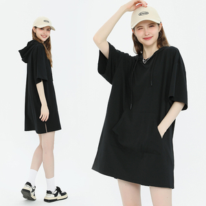 黑色T恤裙女夏季2024新款小个子懒人短袖带帽连衣裙宽松显瘦半袖