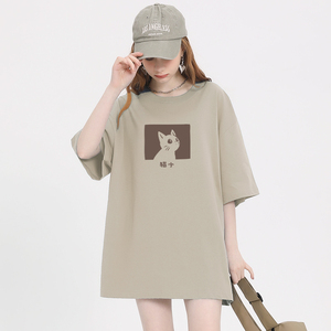 猫咪图案t恤女短袖2024夏季新款美拉德纯棉宽松半袖上衣潮牌体恤