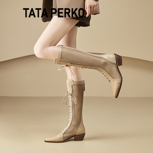 TATA PERKO联名2024夏季新款长筒靴网纱镂空女靴系带高筒时尚凉靴