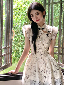 新中式国风连衣裙女夏气质高级感少女改良旗袍收腰显瘦水墨画裙子