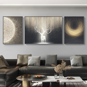 客厅装饰画抽象艺术麋鹿三联画高级感沙发背景墙挂画现代轻奢壁画