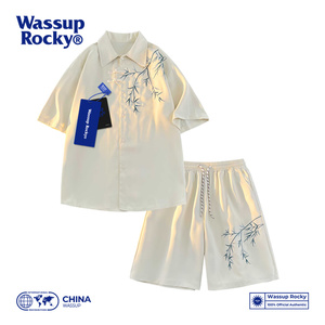 WASSUP ROCKY新中式国风刺绣衬衫短裤套装夏季潮牌休闲短袖两件套