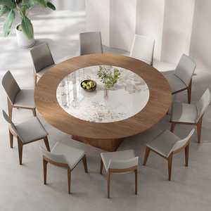新中式2米圆形餐桌纯实木岩板内嵌转盘10人家用北美白蜡木大圆桌