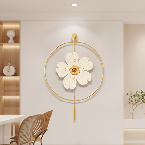 北欧餐厅挂钟花卉ins奶油风玄关静音带钟表装饰创意客厅时钟挂墙