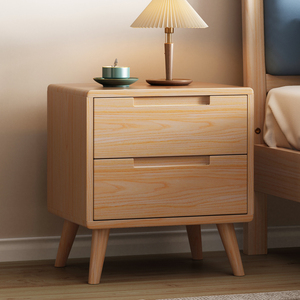 全实木北欧现代简约床头柜两抽半放开原木色极简免安装床头置物架