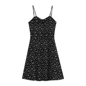 HOYANXI茶歇法式黑色碎花吊带连衣裙夏季大码显瘦气质雪纺短裙子