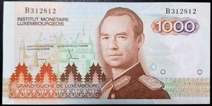 卢森堡1985年版1000法郎纸币P-58*全新UNC,靓号全程无4,7！