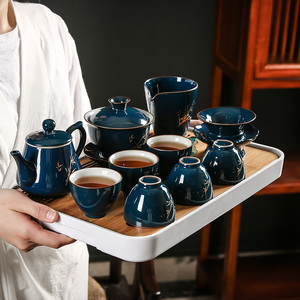 日用简约干泡茶盘小茶台功夫茶具套装霁蓝茶杯陶瓷盖碗泡茶壶整套