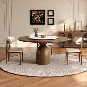白蜡木中古风圆形餐桌带转盘胡桃色圆桌家用小户型设计师实木餐桌