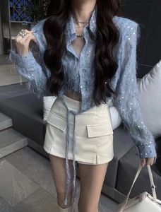 春季新短款法式流苏亮片设计感衬衫韩版设计感防晒显瘦系带上衣女