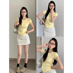 韩系气质黄色冰丝针织短袖t恤波点半身裙a字包臀短裙两件套装女夏