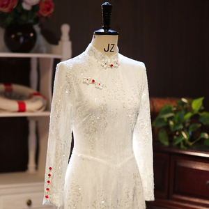 白色旗袍女秋冬长袖新中式婚服日常年轻款宴会聚会订婚礼服回门服