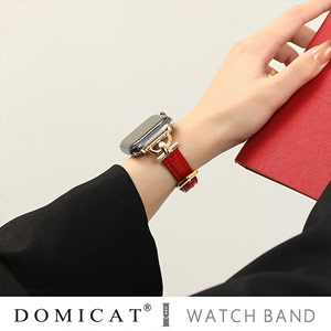domicat适用applewatchUltra苹果iwatch手表表带s9红色系s8新年款s7女士6/5/4代SE真皮牛皮质夏天女生手表带
