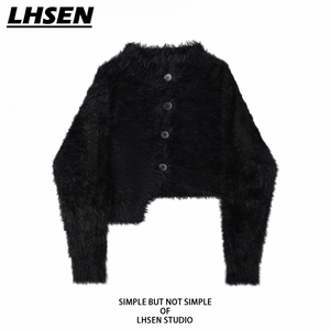 「LHSEN」短款水貂绒针织开衫女秋冬季修身设计感不规则毛衣外套