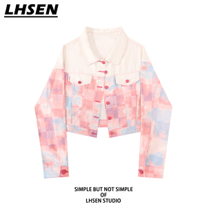 「LHSEN」撞色格子拼接牛仔外套女宽松设计感小众短款夹克上衣潮