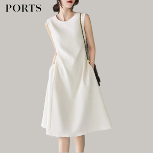 宝姿法式复古温柔2024夏季新款收腰显瘦高级感减龄白色无袖连衣裙