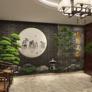新中式背景墙古风复古墙布山水画3d立体墙纸茶室饭店装修仿古壁纸