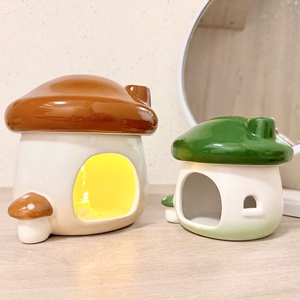 （送波点贴）蘑菇陶瓷躲避窝黄绿色大小号仓鼠鱼缸可掀盖造景烛台