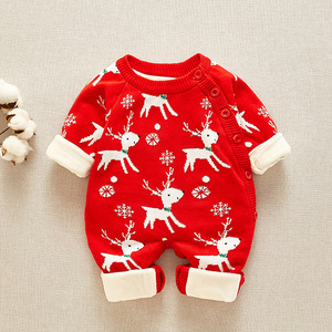 婴儿衣服秋冬套装可爱宝宝加绒连体毛衣幼儿冬装保暖圣诞外出抱衣