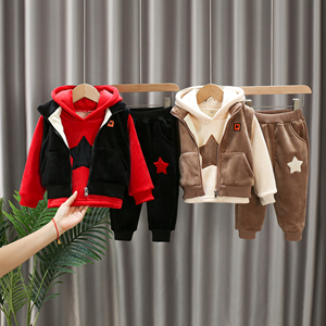 男童金丝绒套装新款加绒加厚2022秋冬时髦婴儿童卫衣保暖三件套潮