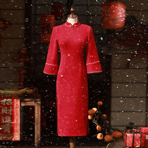 新中式红色旗袍敬酒服新娘2024新款改良冬季订婚礼服女回门小个子