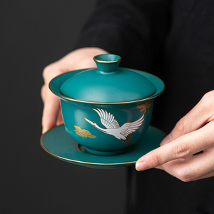 臻璞绿釉松鹤盖碗茶杯陶瓷三才盖碗单个泡茶碗复古功夫茶具不烫手