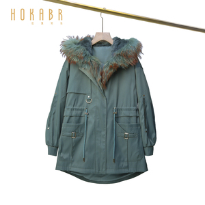 HOKABR  原创设计皮草毛领纯色派克服女2024冬季新款中长大衣外套