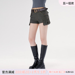 WooHa/吾哈2024夏季新款热裤复古时髦多口袋甜酷仿牛仔休闲短裤女