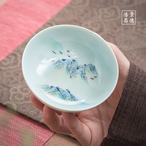 景德镇高端手绘粉彩瓷功夫普洱茶杯 单个山水大口卧足杯陶瓷茶具