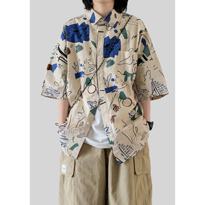 夏季男士短袖衬衫日系复古创意涂鸦印花学生情侣宽松休闲叠穿衬衣