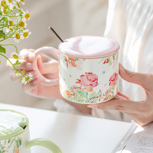 花卉马克杯带盖杯子女办公室水杯情侣陶瓷杯创意设计感咖啡杯家用