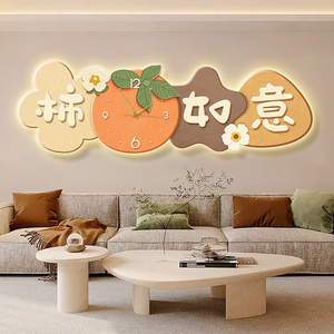 柿柿如意大气客厅沙发背景墙挂画餐厅画带钟表灯画时钟高级感壁画